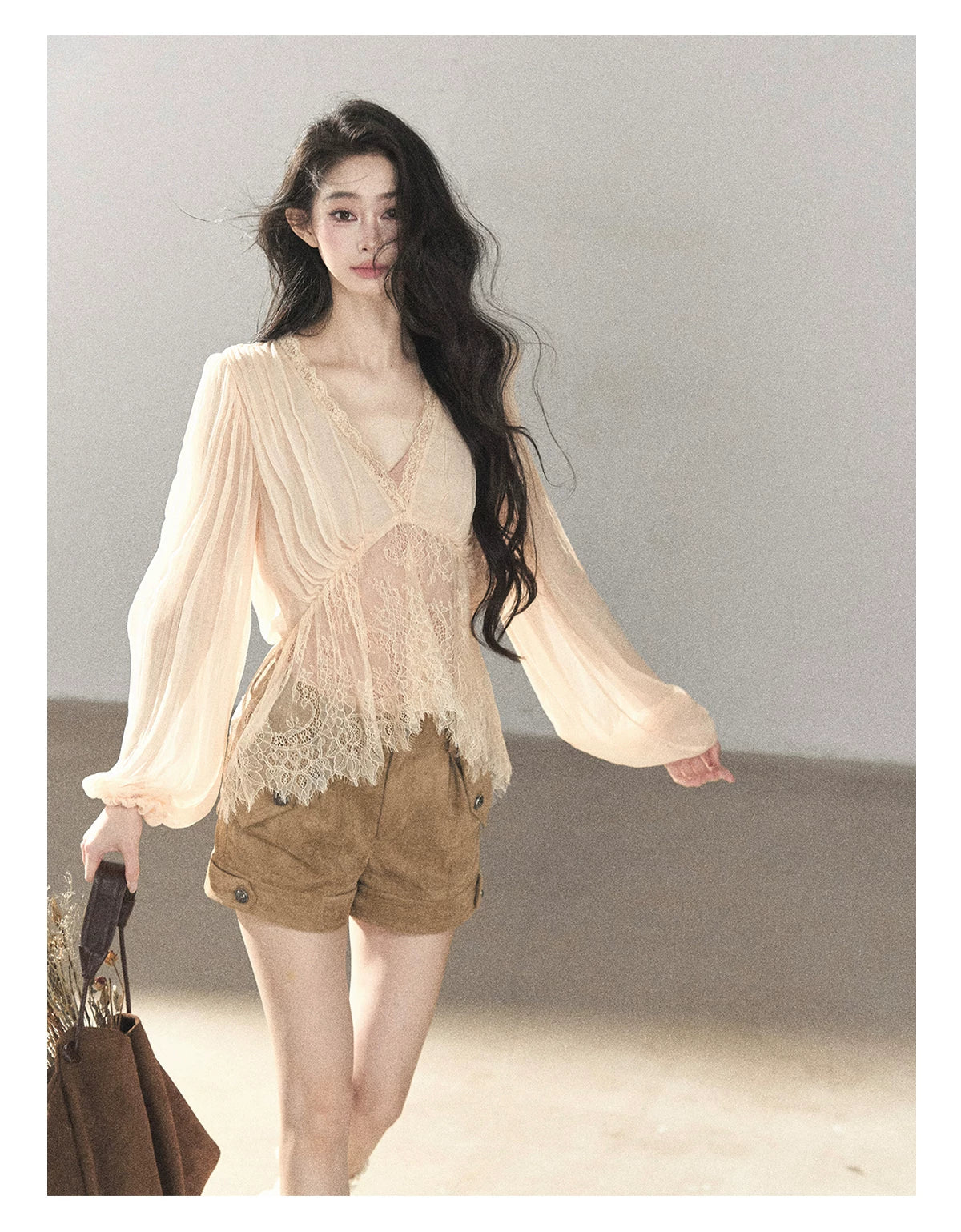 AOMALM - Blush Pink Lace-Trim Chiffon Blouse & Cami Set
