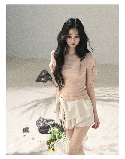"Gentle Ocean Tide" Baby Pink Cutout Knit Crop Top 75511