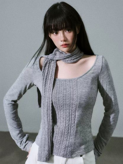 LOST FOREST - Cool Heather Gray Wide-Neck Long Sleeve Top with Cable-Knit Scarf