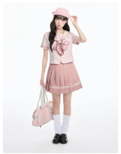 "Cherry Melody" Pink Sailor Uniform Set (Sailor Collar Shirt + Pleated Skirt + Ribbon Bow)