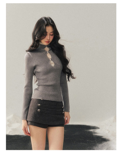 040126 "Lacewoven Dream" Mock Neck Layered Lace Knit Top - High-Intellect Gray