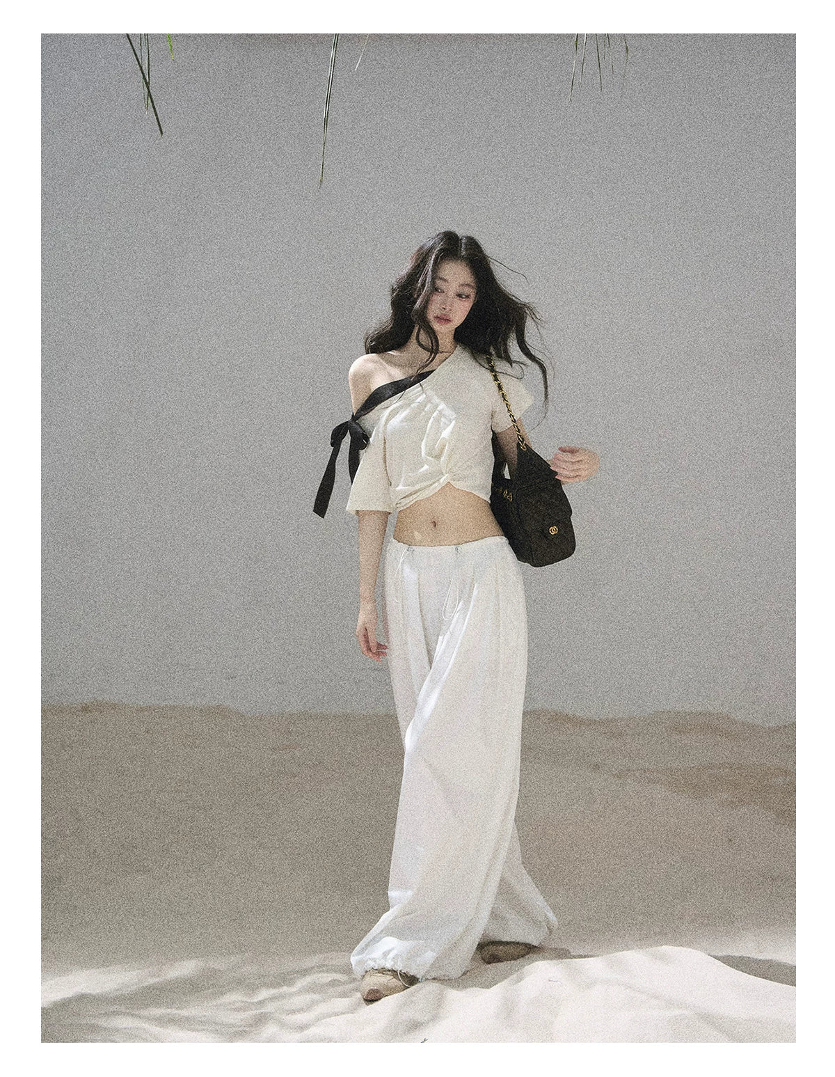 "Moonlight Upon Her" Creamy Apricot Off-Shoulder Twist Cropped T-Shirt