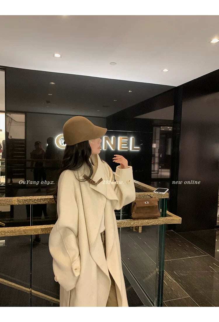 QuQuOuYang - 100% Wool Double-Face Belted Coat with Convertible Collar