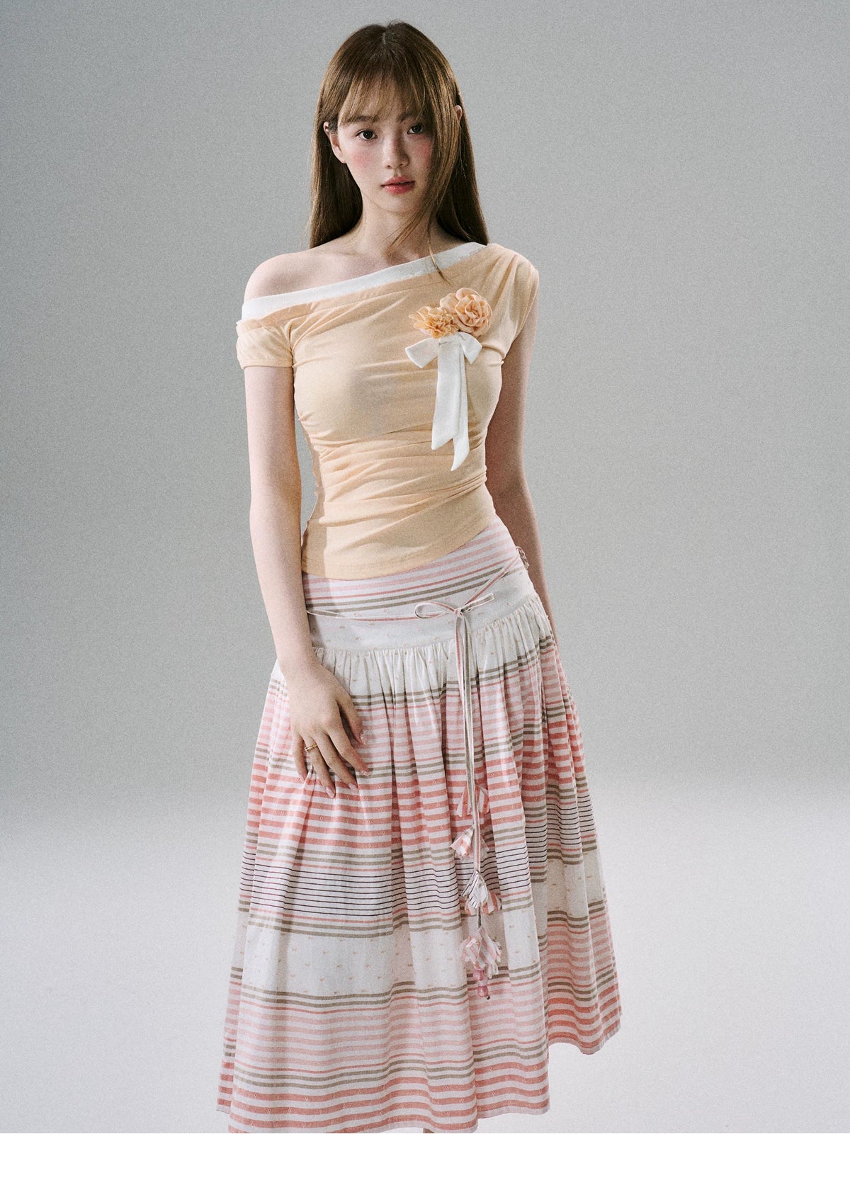 LOST FOREST - Flower Belt Striped Midi Dress (Natural Hemp / Blue Stripe / Orange Stripe)