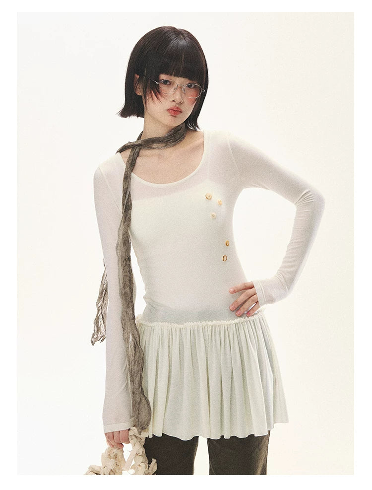 "Spring Memoir" TENCEL™ Wool Pleated Knit Midi Dress (Oat Gray/ Butter Cream)
