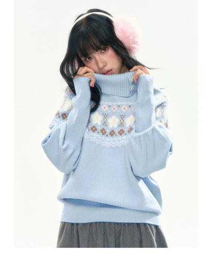 [CAN] Light Blue Floral Fair Isle Knit Sweater
