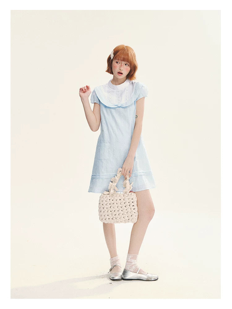 "Sea Salt Fizz" Baby Blue Cutout Embroidered Peter Pan Collar Puff Sleeve A-Line Dress