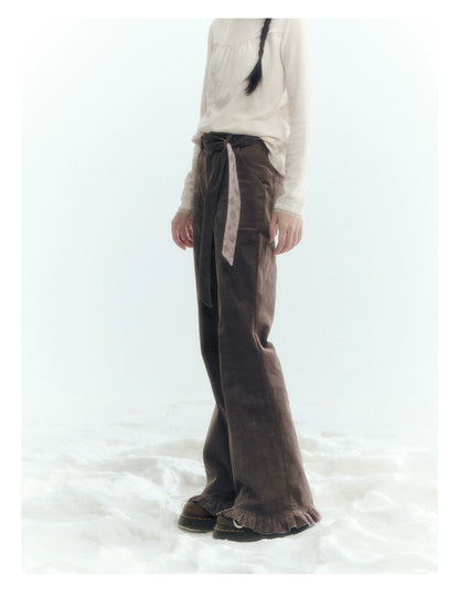 Horridale - Milk Tea Brown Floral Belt Corduroy Flare Pants