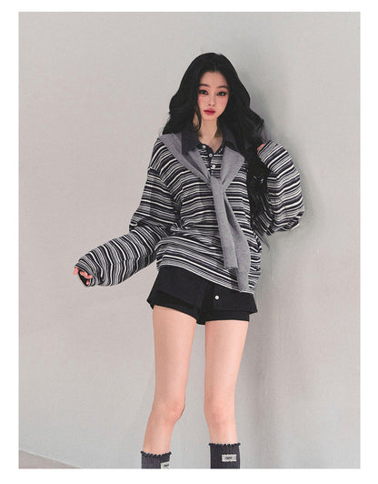 少也眼 "Unfinished Poem" Striped Polo Long Sleeve - Charcoal Gray 543682