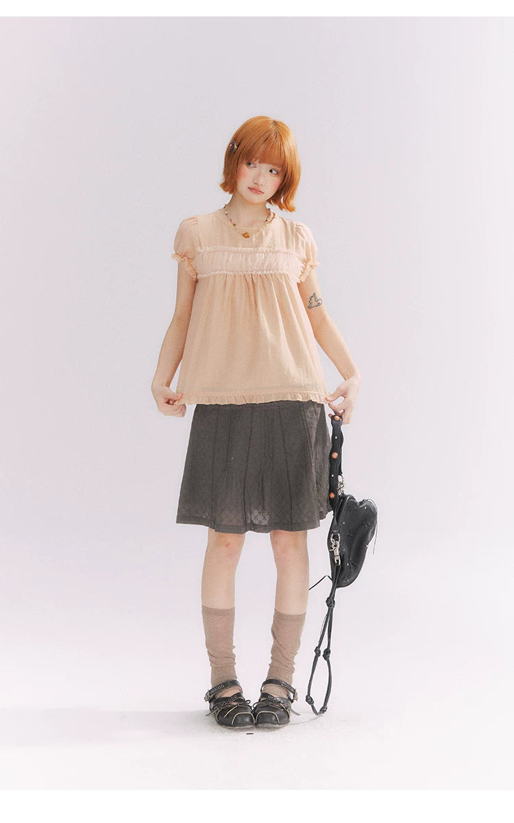 “Misty Texture” Gray Plaid Trim Embroidered A-Line Skirt
