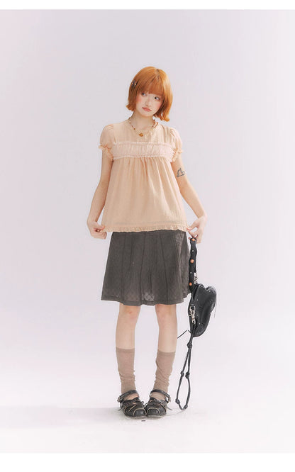 “Misty Texture” Gray Plaid Trim Embroidered A-Line Skirt