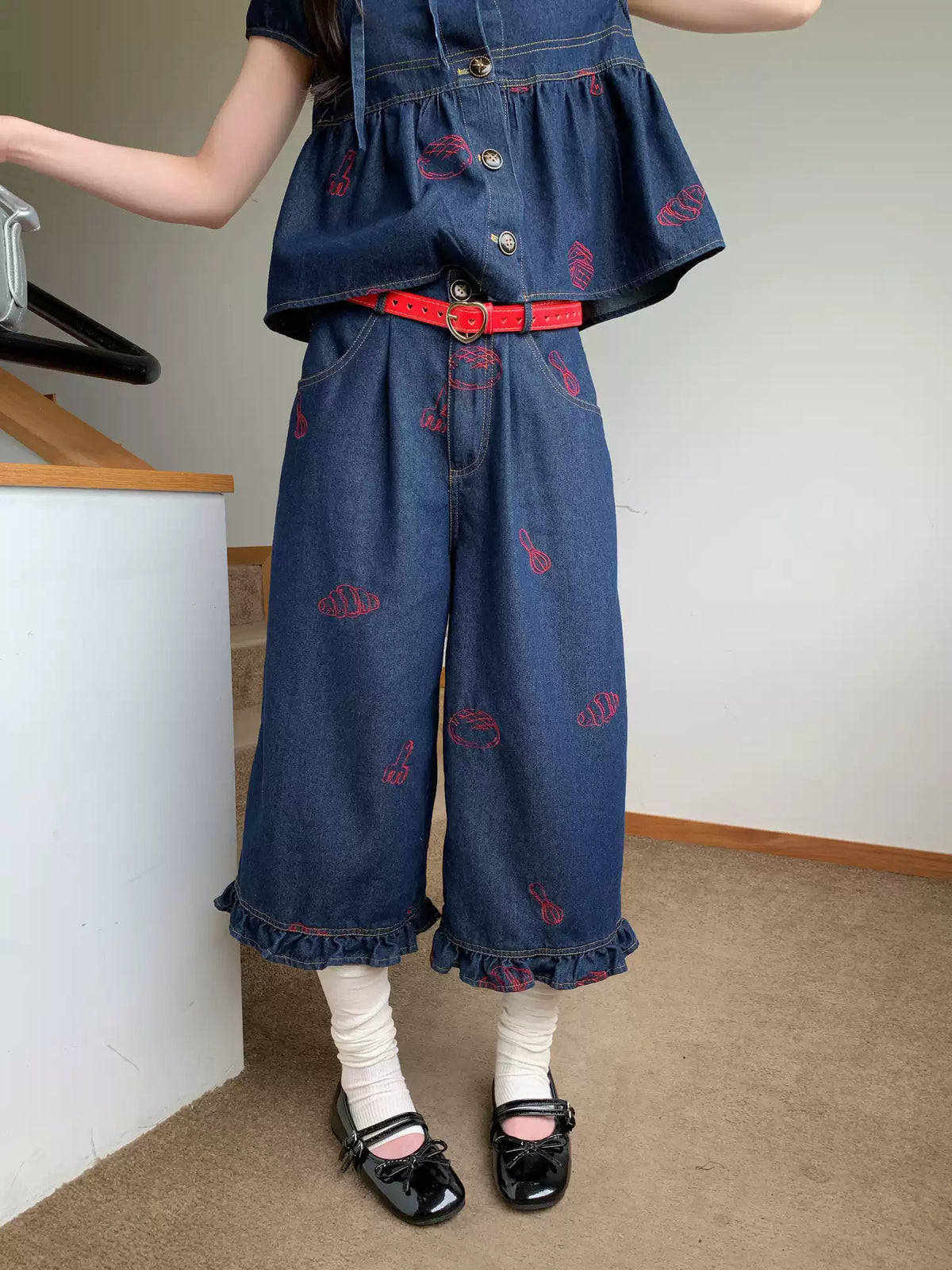 [RF] “Sweet Rebel Denim” Navy Embroidered Ruffle Top & Relaxed Pants Set