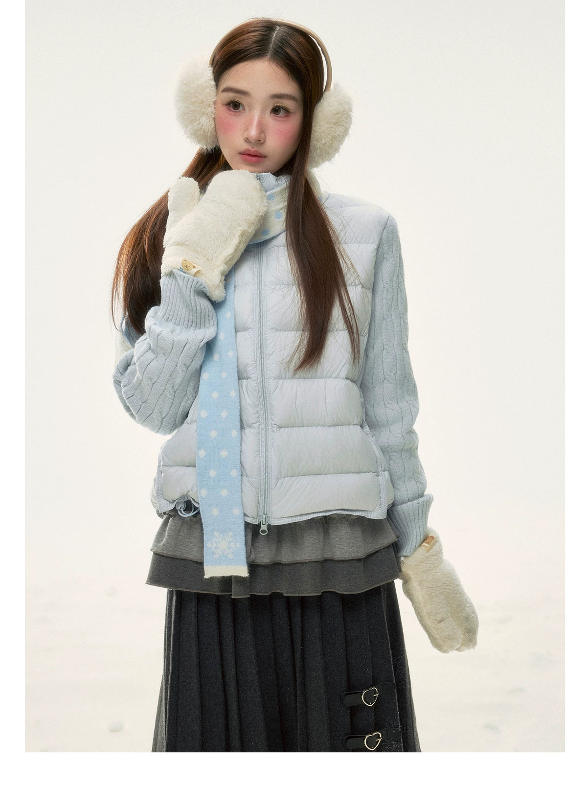 BIBIBENCY - Pale Blue Knit-Panel 90% White Duck Down Puffer Jacket (With Scarf)
