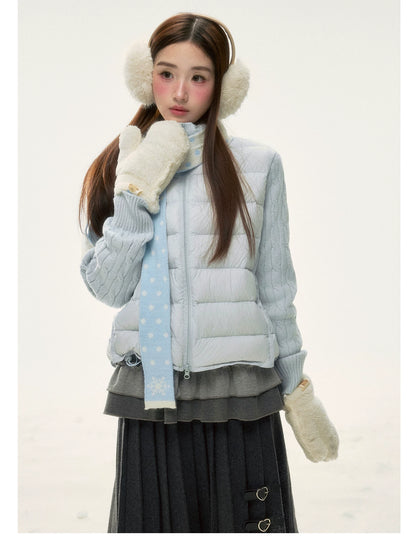 BIBIBENCY - Pale Blue Knit-Panel 90% White Duck Down Puffer Jacket (With Scarf)