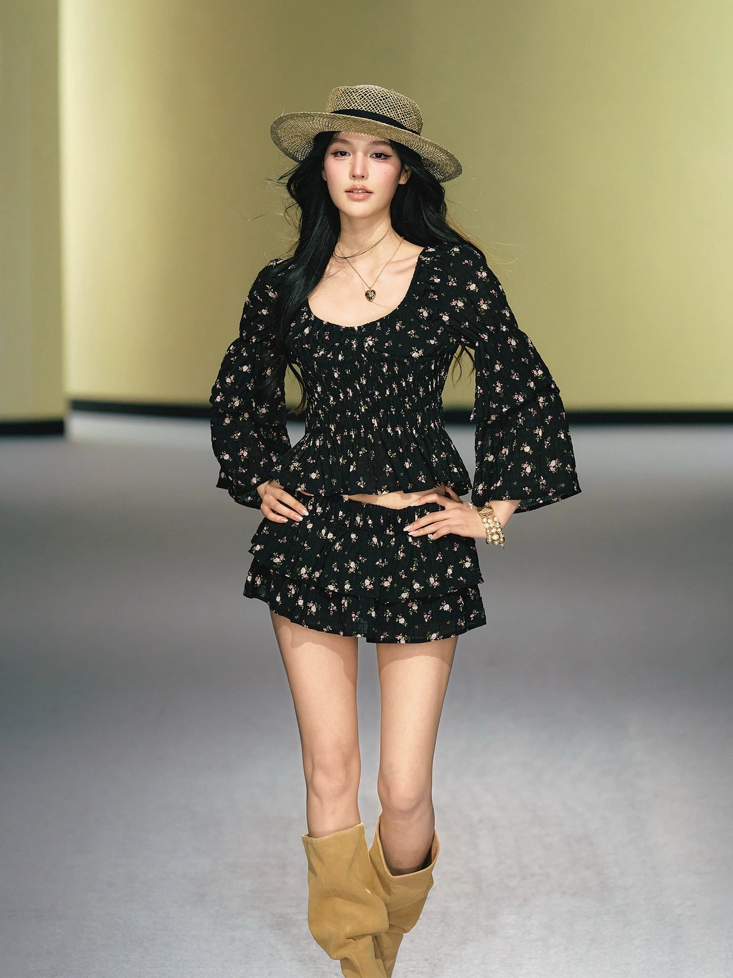 "Midnight Tea Garden" Black Floral Ruffle Blouse & Tiered Mini Skirt Set