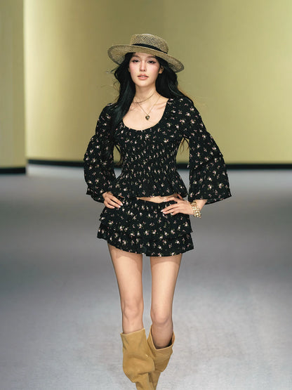 "Midnight Tea Garden" Black Floral Ruffle Blouse & Tiered Mini Skirt Set