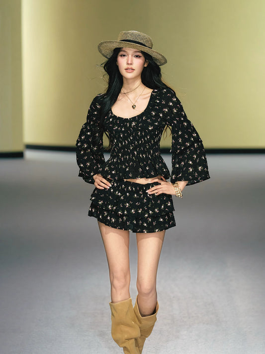 "Midnight Tea Garden" Black Floral Ruffle Blouse & Tiered Mini Skirt Set