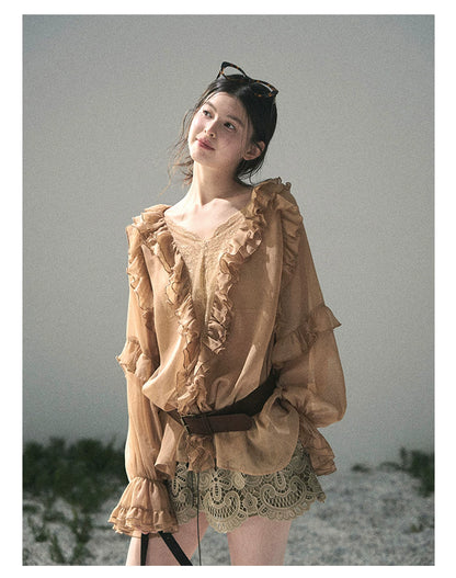 “Whispers of the Wind” Ash Caramel Lace Chiffon Blouse (With Belt)
