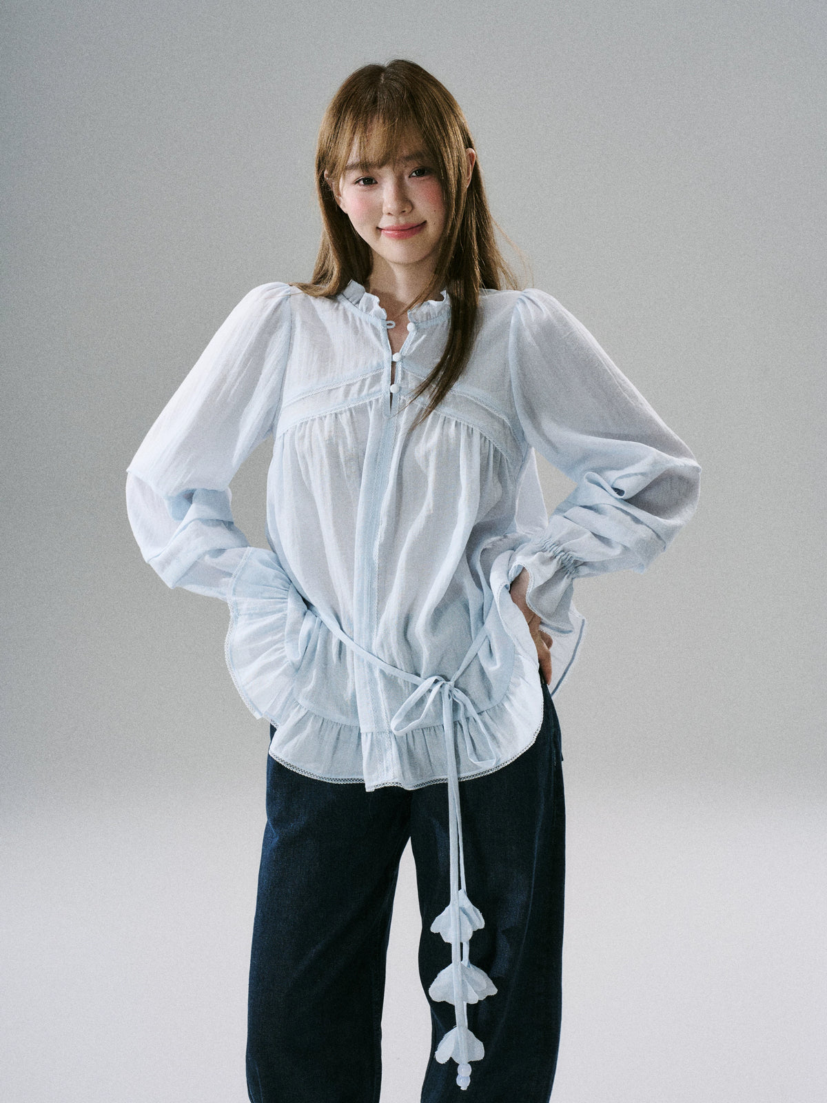 LOST FOREST - Acetate Flower Belt Detail Relaxed Top (White / Blue)