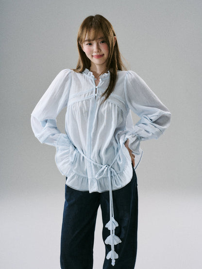 LOST FOREST - Acetate Flower Belt Detail Relaxed Top (White / Blue)
