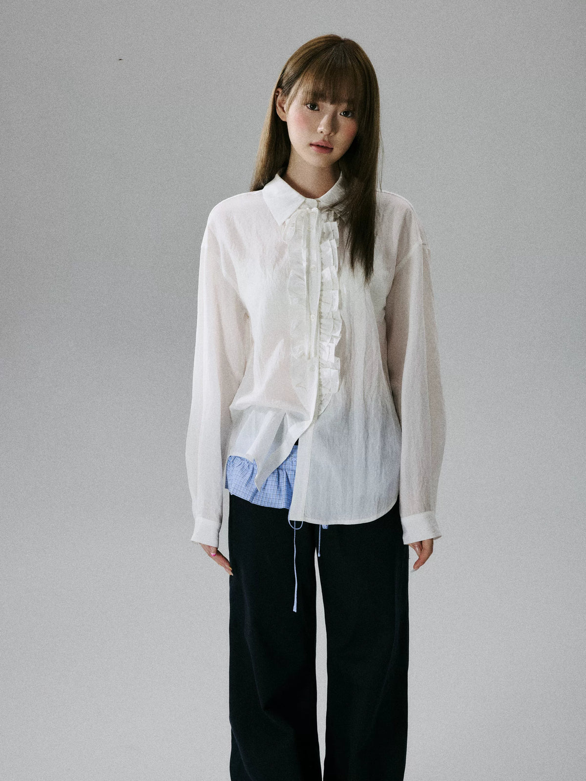 LOST FOREST - Ivory Asymmetrical Lyocell Tie-Strap Blouse with Ruffle Trim