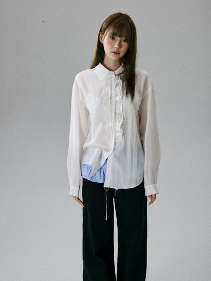 LOST FOREST - Ivory Asymmetrical Lyocell Tie-Strap Blouse with Ruffle Trim