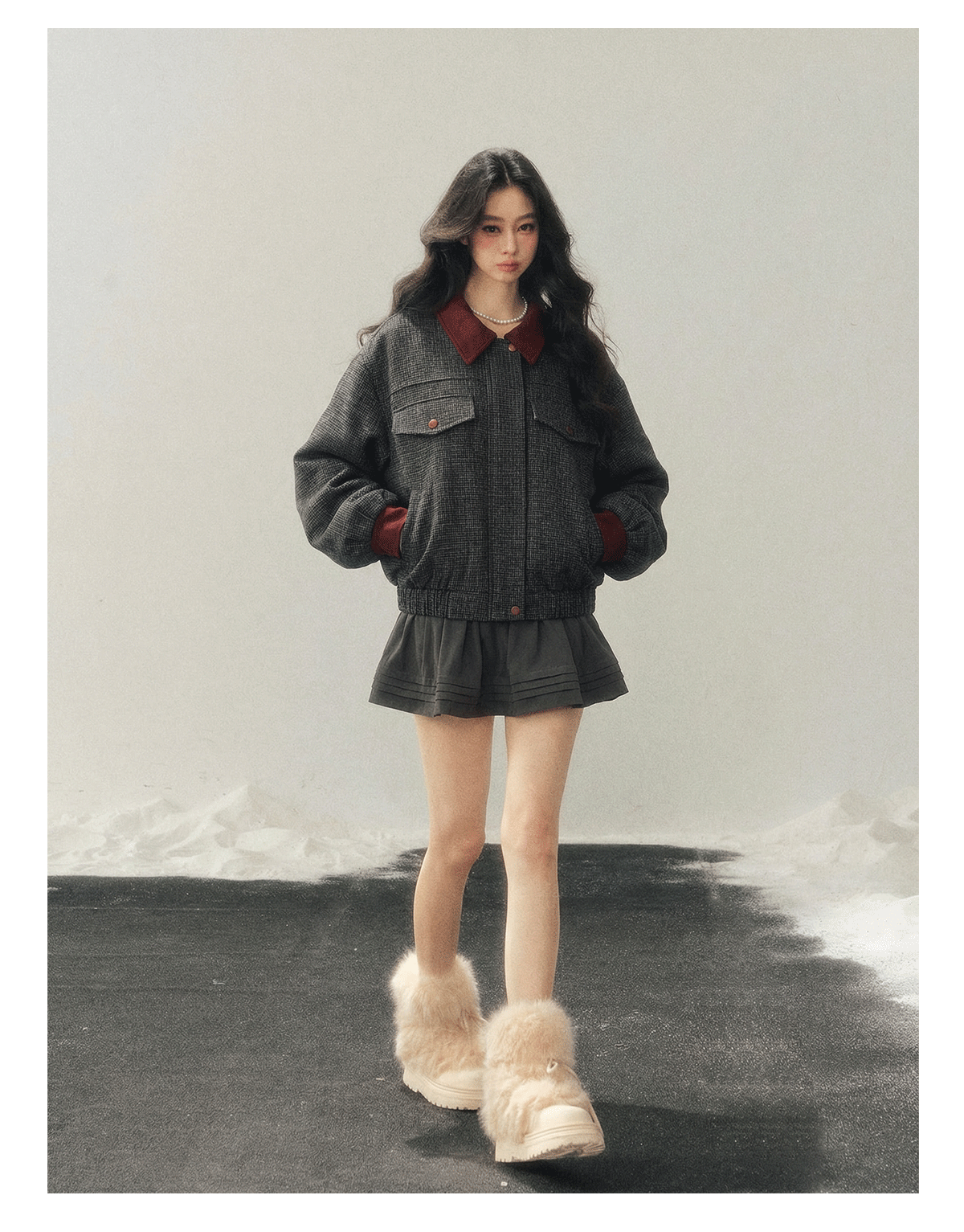 少也眼 "Falling Wutong Leaves" Hepburn Wool Tweed Two-Piece Set - Gray
