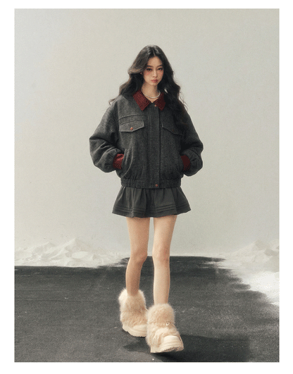 少也眼 "Falling Wutong Leaves" Hepburn Wool Tweed Two-Piece Set - Gray