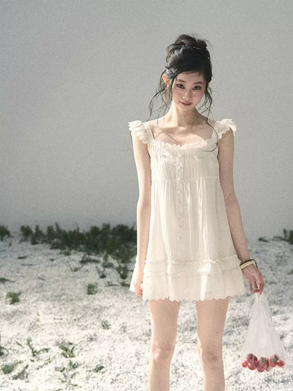 "Shimmer Along the Hem" Cloud White Lace Flutter Sleeve Babydoll Mini Dress 53413