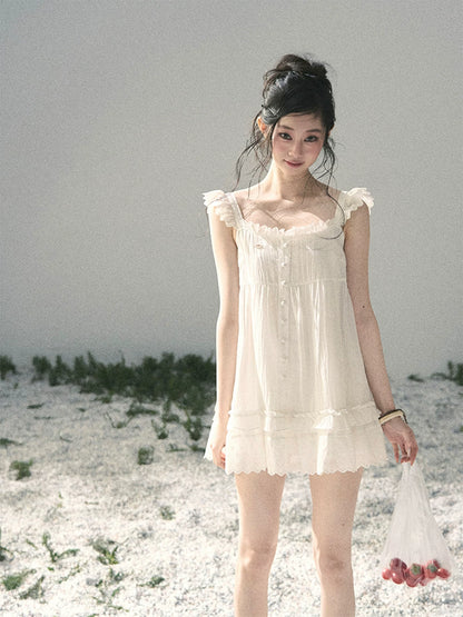 "Shimmer Along the Hem" Cloud White Lace Flutter Sleeve Babydoll Mini Dress 53413