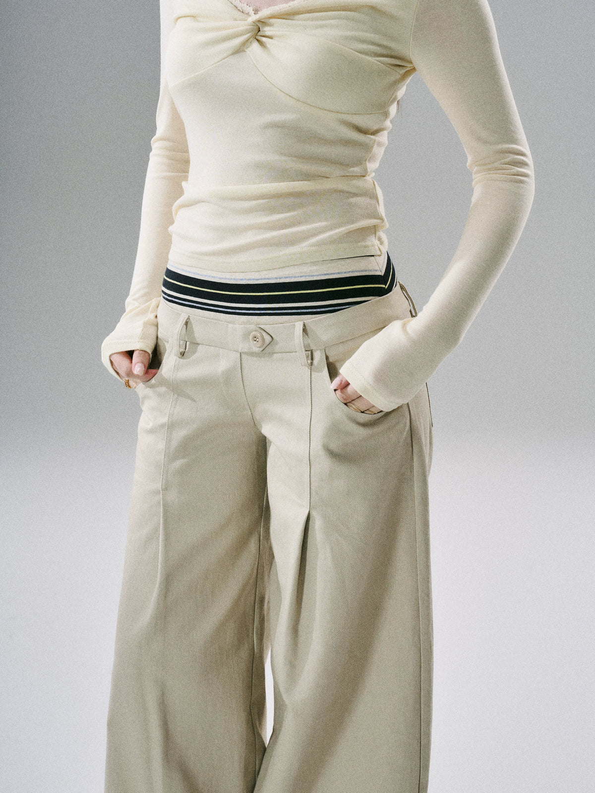 LOST FOREST - Khaki & Black Striped Wide-Leg Floor-Length Pants
