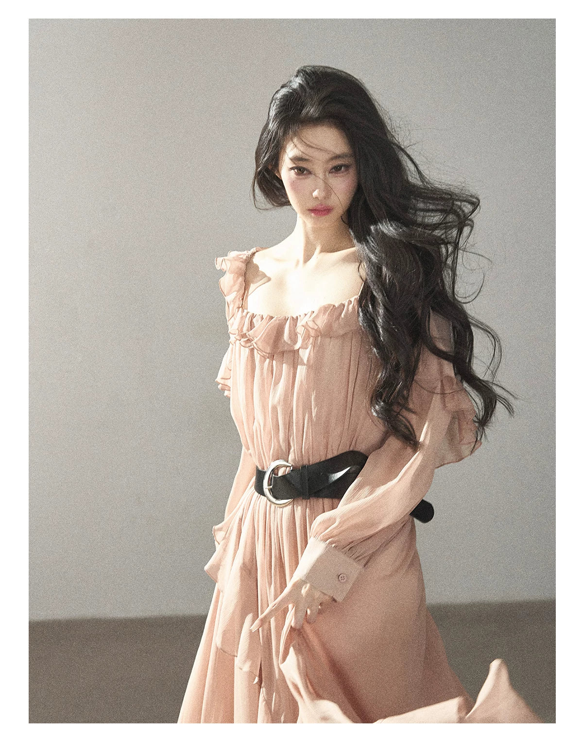 AOMALM - "Waiting for Sunset" Soft Pink French Ruffle Maxi Dress with Belt