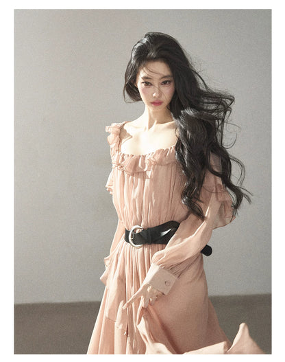 AOMALM - "Waiting for Sunset" Soft Pink French Ruffle Maxi Dress with Belt