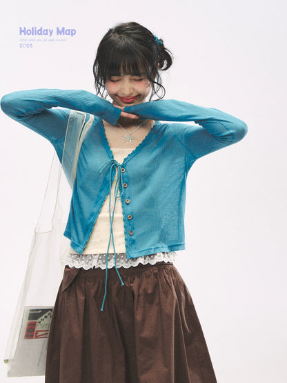 "Comfort Corner" Tie-Front Knit Cardigan (Melon Green/ Peacock Blue)