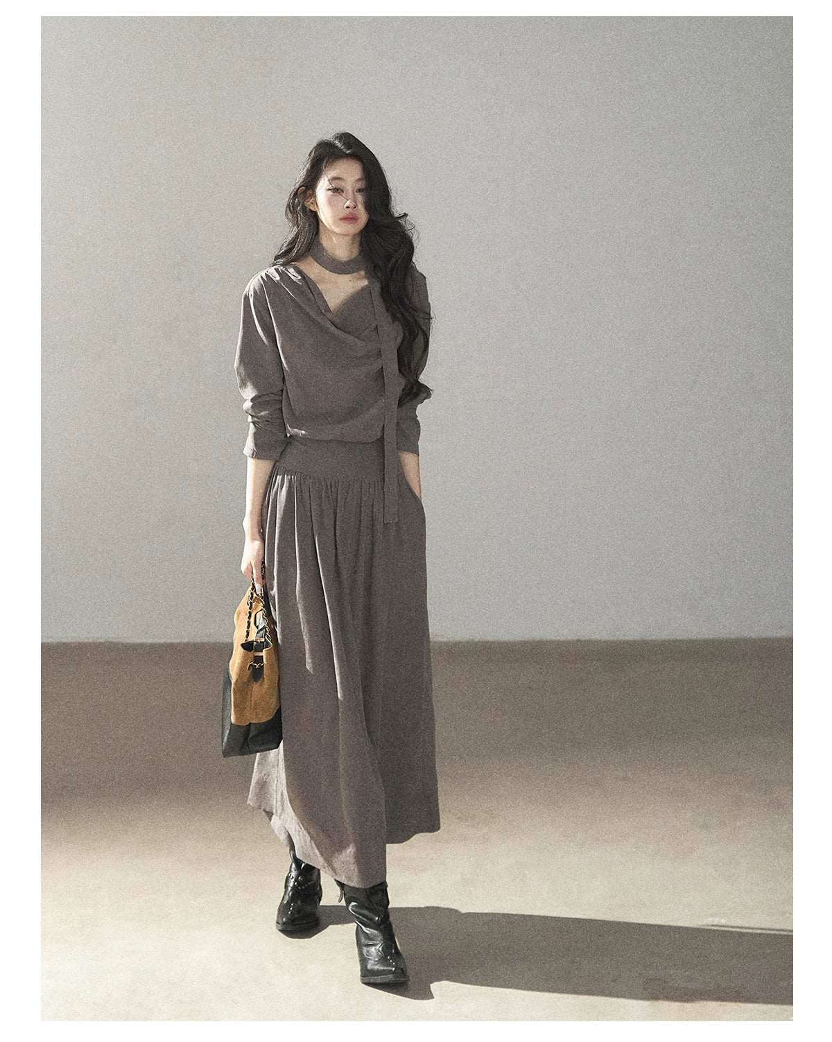 AOMALM - Gray-Purple Pleated Maxi Dress with High-Waisted Cinch Belt