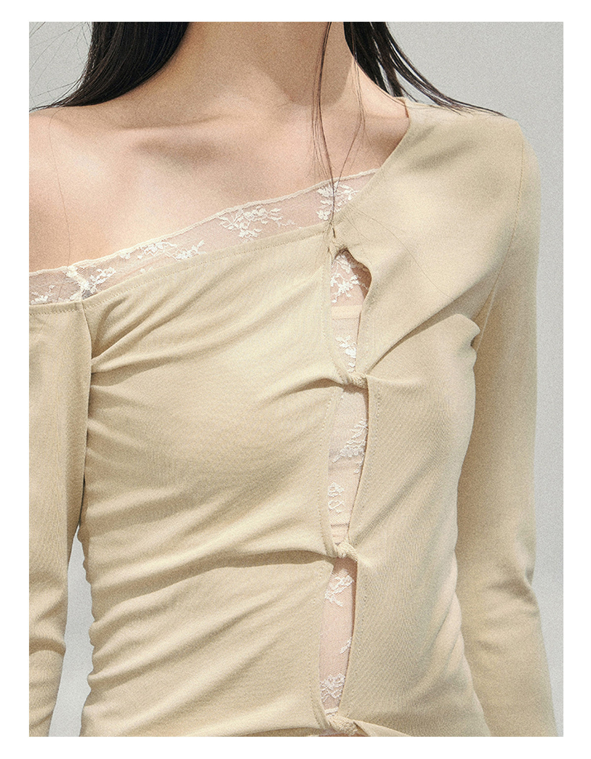 少也眼 “She Becomes Poetry in Motion” Layered One-Shoulder Lace Top - Toasted Rice Beige 78967896