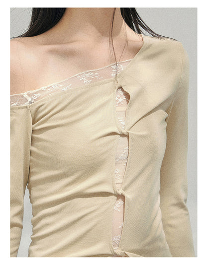 少也眼 “She Becomes Poetry in Motion” Layered One-Shoulder Lace Top - Toasted Rice Beige 78967896