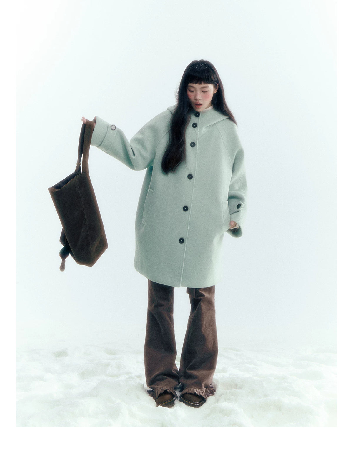 Pale Aqua Green Hooded Cocoon Wool-Blend Coat
