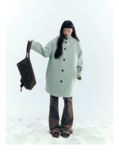 Pale Aqua Green Hooded Cocoon Wool-Blend Coat