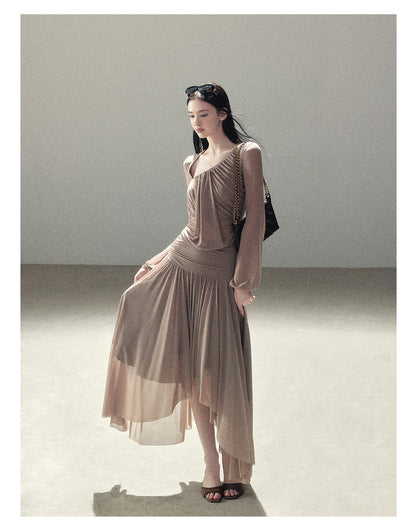 170726 "Waiting for Autumn Rain" Silver Mouse Gray Off-Shoulder Pleated Skirt Set