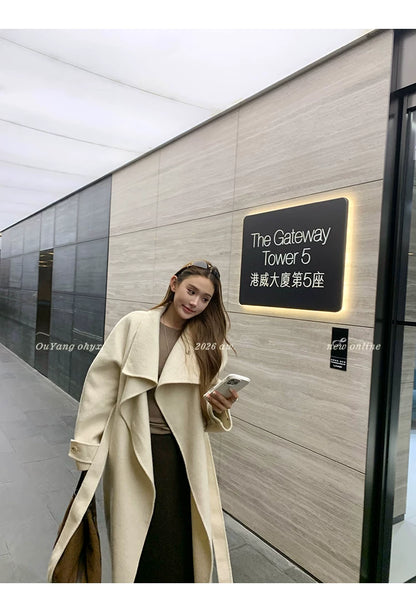 QuQuOuYang - 100% Wool Double-Face Belted Coat with Convertible Collar