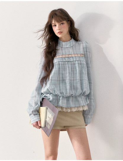 [TMMG] French Vintage Plaid Lace Ruffle Blouse (Blue Plaid)