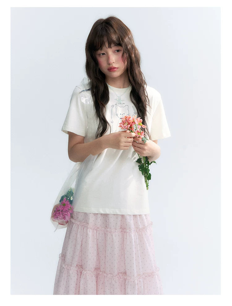 "Garden Kitty" Ivory Embroidered Cat Cotton T-Shirt