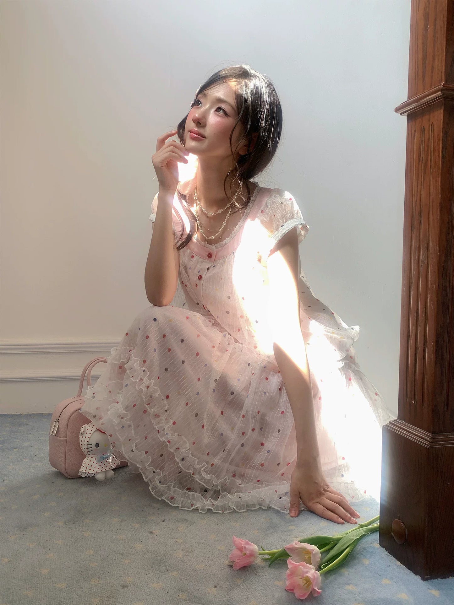 “Strawberry Boba Daydream” Pink Polka Dot Bubble Skirt Set