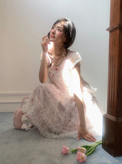 “Strawberry Boba Daydream” Pink Polka Dot Bubble Skirt Set
