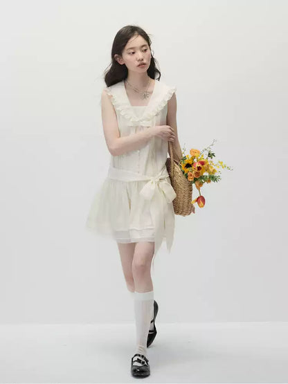 Ivory Beige Low-Rise Sailor Collar Dress with Adjustable Bow Ties