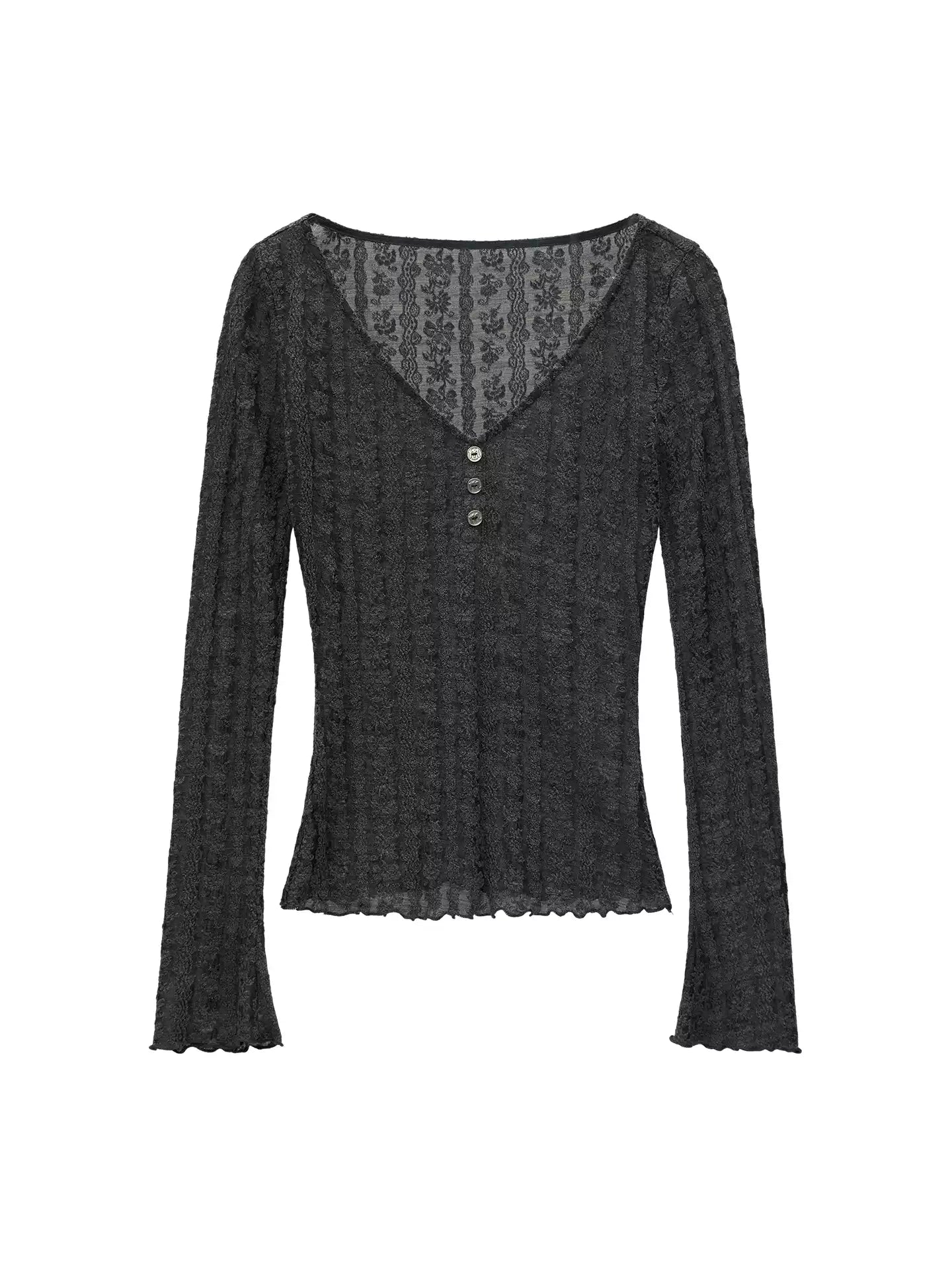 MAMC - Gray Wool-Blend Floral Lace V-Neck Top
