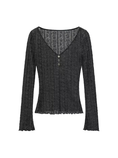 MAMC - Gray Wool-Blend Floral Lace V-Neck Top