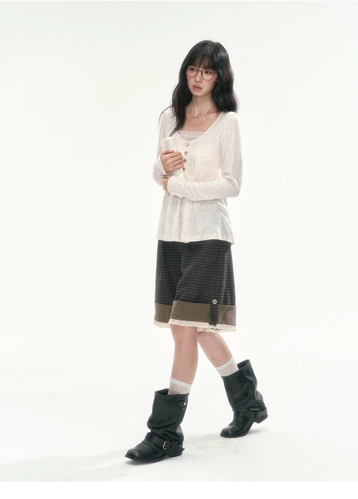 CAN - "A Meadow of Dreams" Apricot Beige Floral Lace-Trim Ruched Top