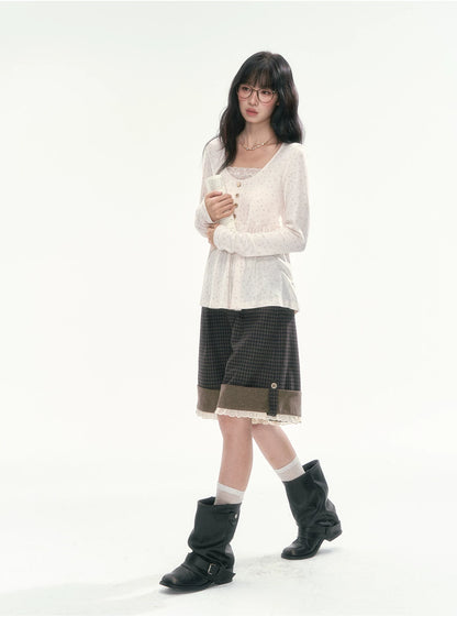 CAN - "A Meadow of Dreams" Apricot Beige Floral Lace-Trim Ruched Top